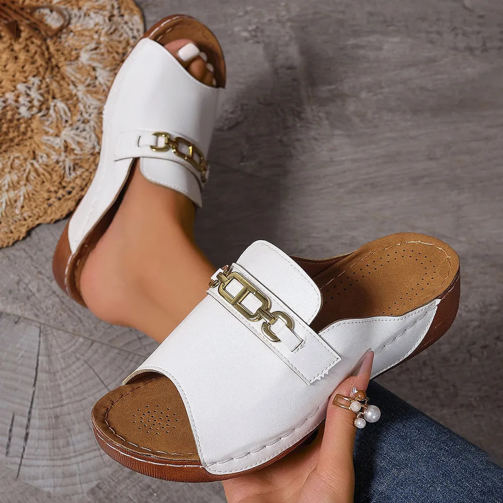 Open Toe Sandals with Metal Chain Decor